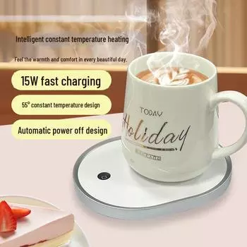 Умный керамический коврик для подогрева чашек с беспроводной зарядкой Wireless charging cup warmer белый