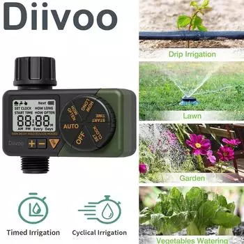 Умный таймер воды Diivoo Garden с синхронизированным и циклическим режимом полива, программатор автоматического таймера полива с ручным поливом 1 zone зелёный