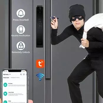 Умный замок WAFU с камерой, 3D-распознавание лиц, входная дверь без ключа, ручка замка из алюминиевого сплава чёрный