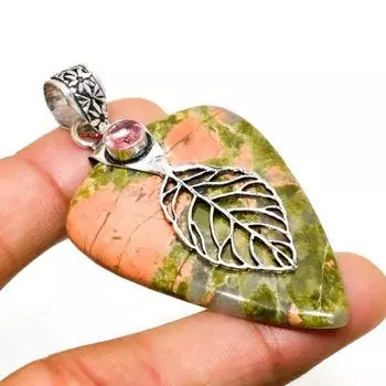Унакит, розовый кунцит, драгоценный камень 925, посеребренная ювелирная подвеска 2,46 дюйма 2.46 зелёный