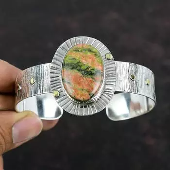 Браслет Unakite, браслет-манжета из драгоценных камней ручной работы, регулируемый браслет из стерлингового серебра 925 пробы, изящные ювелирные изделия, дизайнерский браслет, подарки для мамы