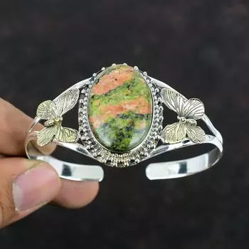 Браслет-манжета Unakite с драгоценными камнями, браслет-манжета из стерлингового серебра 925 пробы, регулируемый браслет, позолоченный браслет-манжета 18 карат, подарок для нее