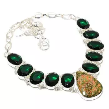 Unakite, Diopside Gemstone 925 Sterling Silver Jewelry Necklace 18 A5I41 зелёный