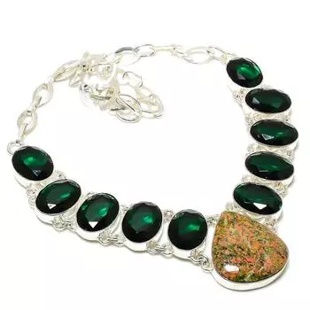 Unakite, Diopside Gemstone 925 Sterling Silver Jewelry Necklace 18 d7R28 зелёный