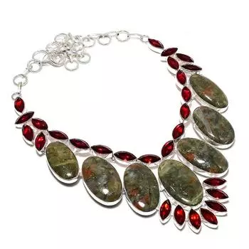 Unakite, Garnet Handmade 925 Sterling Silver Jewelry Necklace 18 Y9I98