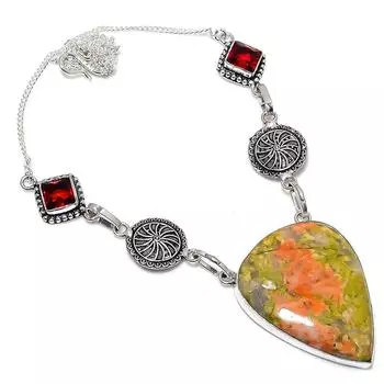 Unakite Handmade Gemstone 925 Sterling Silver Jewelry Necklace 18 C7h06 зелёный