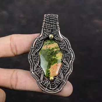 Unakite Медный кулон Кулон из медной проволоки Потрясающие ювелирные изделия из драгоценных камней Подвеска ручной работы Уникальный медный дизайн Ювелирные изделия Подарок на годовщину