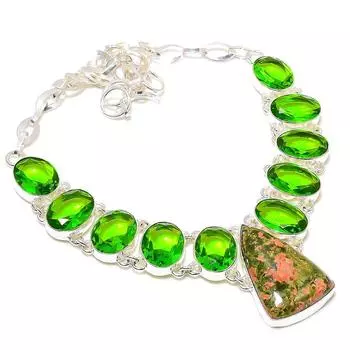 Unakite, Peridot Gemstone 925 Sterling Silver Jewelry Necklace 18 A7i27 зелёный