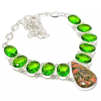 Unakite, Peridot Gemstone 925 Sterling Silver Jewelry Necklace 18 O5R13 зелёный