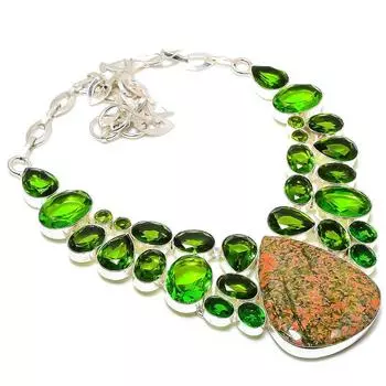 Ювелирное ожерелье из серебра 925 пробы с драгоценным камнем унакитом и перидотом 18 дюймов N8p68 зелёный