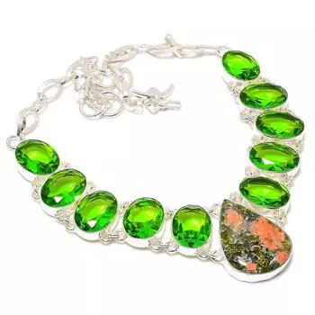Unakite, Peridot Gemstone 925 Sterling Silver Jewelry Necklace 18 N9a27 зелёный