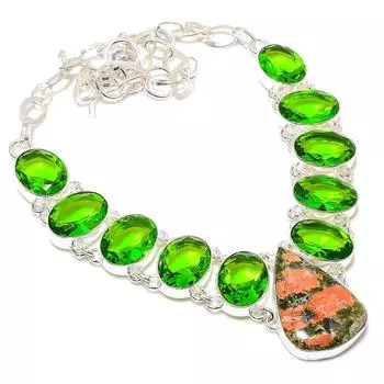 Unakite, Peridot Gemstone 925 Sterling Silver Jewelry Necklace 18 R8B00 зелёный