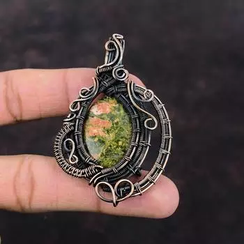 Унакитовый кулон, обернутый медной проволокой, кулон из унакитового украшения, кулон ручной работы, ювелирные изделия из проволоки, кулон с драгоценным камнем, медные украшения для подарка