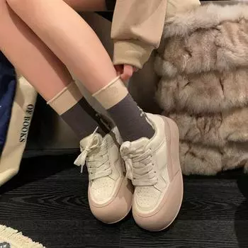 Uncle Wen cowhide heightening thick sole heightening board shoes casual sports white shoes women s bread shoes 34