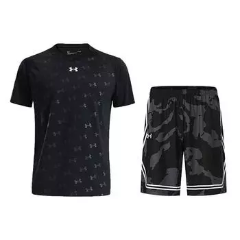 Under Armour Быстросохнущая трикотажная футболка с коротким рукавом, камуфляжные шорты, повседневный спортивный комплект, комплекты унисекс, черный цвет 21500531-001+24500210-001 S