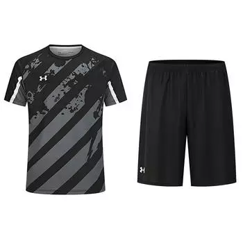 Under Armour Casual Running Striped Crew Neck T-Shirt And Mid-Waist Drawstring Comfortable Loose Shorts Sports Set 24500504-001+24500204-001 M