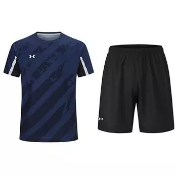 Under Armour Casual Running Striped Pullover Short Sleeve Comfortable Jersey Elastic Waist Shorts Sports Set 24500504-408+23500203-001 M