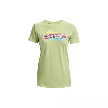 Under Armour Color Block Letter Print Crew Neck Pullover T-Shirt Women tops Green 1372617-383 S