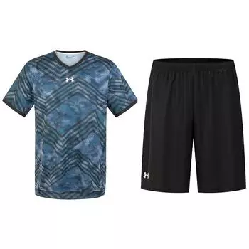 Under Armour Color Block Striped Casual Glow Wicking Pullover Short Sleeve Jersey Shorts Mid Belt Drawstring Shorts Sports Set 23500503-343+24500204-001 M