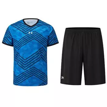 Under Armour Color Block Striped Casual Running Short Sleeve Jersey Loose Mid Waist Drawstring Shorts Sports Set 23500503-400+24500204-001 M