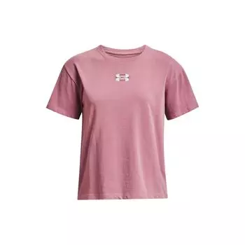 Under Armour Crest Letter Print Round Neck Drop Shoulder Short Sleeve T-Shirt Women T-Shirts Pink 1379391-697 XS