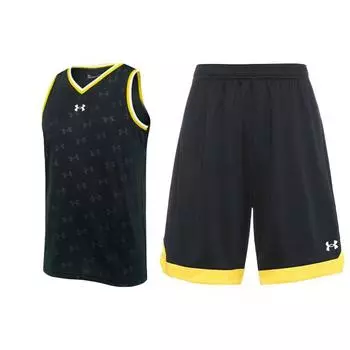 Under Armour Цветной блок с принтом, V-образным вырезом, майкой и прямыми шортами со средней посадкой, баскетбольный комплект для мужчин, черный цвет 21500102-001+21500202-001 L