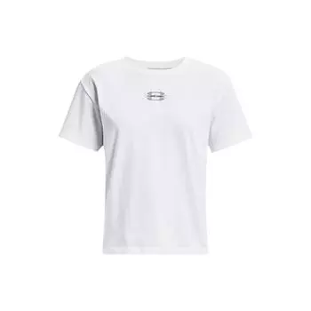 Under Armour Футболка с круглым вырезом и заниженной линией плеч с буквенным принтом, женские топы, белая 1379391-100 L