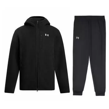 Under Armour Hooded Solid Color Long Sleeve Jacket And Drawstring Cuffed Pants Casual Sports Set Men sets Black 1389307-001+24500703-001 L