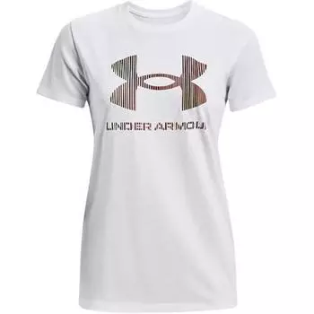 Under Armour Letter Logo Printed Striped Crew Neck Short Sleeve T-Shirt Women Tops White 1356305-105 XS