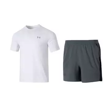 Under Armour Letter Print Design Fitness Pullover T-Shirt And Mid-Rise Shorts Casual Sports Set Men sets 1377054-100+1361492-012 S