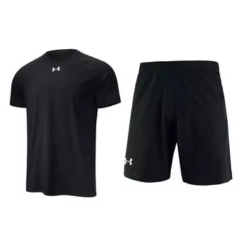 Under Armour Letter Print Pullover Crew Neck T-Shirt And Elastic Waist Mid-Rise Shorts Casual Sports Set Men sets Black 22500518-001+22500214-001 M