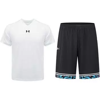 Under Armour Logo Print Breathable Knitted Short Sleeve T-Shirt Geometric Pattern Color Block Shorts Casual Sports Set 21500531-100+24500211-001 S