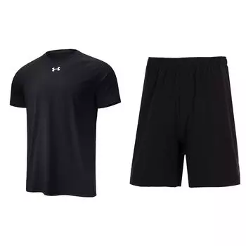 Under Armour Logo Print Pullover Crew Neck T-Shirt And Elastic Waist Mid-Rise Shorts Casual Sports Set Men sets Black 22500518-001+24500201-001 M
