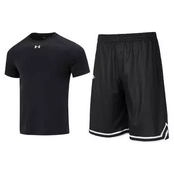 Under Armour Logo Solid Color Loose Fit Short Sleeve T-Shirt Striped Comfortable Breathable Shorts Casual Sports Set 21500513-001+24500206-409 M