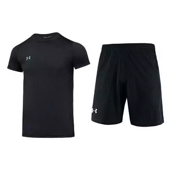 Under Armour Однотонная дышащая футболка с коротким рукавом и эластичные шорты, повседневный спортивный комплект для мужчин, черный цвет 23500506-001+22500214-001 S