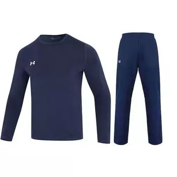 Under Armour Однотонная футболка с круглым вырезом, длинным рукавом и длинными брюками со средней талией, повседневный спортивный комплект для мужчин, синий цвет 22600307-408+21500737-408 M