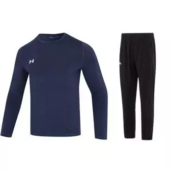 Under Armour Однотонная футболка с круглым вырезом, длинным рукавом и длинными брюками со средней талией, повседневный спортивный комплект для мужчин, синий, черный 22600307-408+23600703-001 M