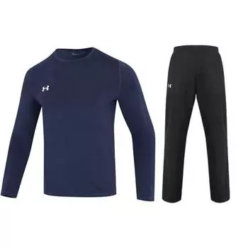 Under Armour Однотонная футболка с круглым вырезом и длинным рукавом, спортивные штаны, повседневный спортивный комплект для мужчин, синий, черный 22600307-408+21500737-001 M