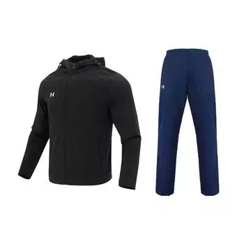 Under Armour Однотонная куртка с капюшоном и длинными брюками с логотипом, повседневный спортивный комплект для мужчин, черный, студенческий, синий 23600303-001+21500737-408