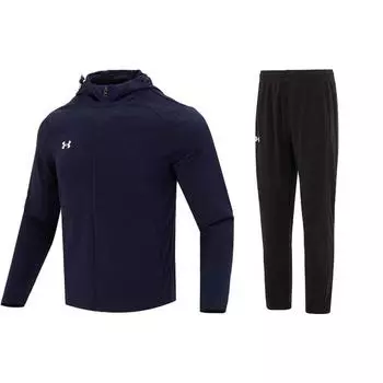 Under Armour Однотонная куртка с капюшоном на молнии и прямые длинные брюки, повседневный спортивный комплект для мужчин, чернильно-синий, черный 23600303-409+23600703-001 M