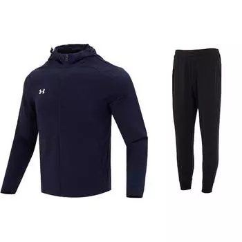 Under Armour Однотонная куртка с капюшоном на молнии и длинные брюки со средней талией, повседневный спортивный комплект для мужчин, чернильно-синий, черный 23600303-409+23600704-001 3XL