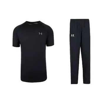 Under Armour Однотонный цвет, рукав реглан, круглый вырез, свободный крой, эластичный пояс, длинные брюки, повседневный спортивный комплект, мужские комплекты, черный цвет 1326413-001+22500706-001 L