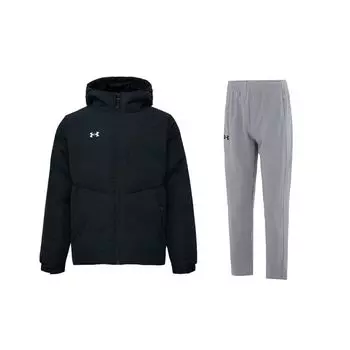 Under Armour Однотонный короткий толстый теплый пуховик с капюшоном и трикотажными спортивными штанами на шнурке, повседневный спортивный комплект для мужчин 23600801-001+23600703-014 M
