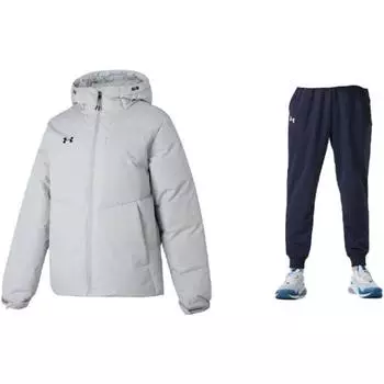 Under Armour Однотонный повседневный пуховик с капюшоном и длинными рукавами, трикотажные спортивные штаны, повседневный спортивный комплект, мужские комплекты 23600801-009+23600704-409 M