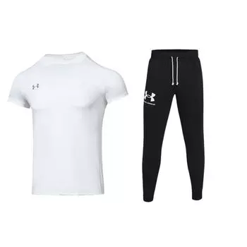 Under Armour Однотонный свитер с круглым вырезом, короткими рукавами, логотипом бренда и длинными брюками средней посадки, повседневный спортивный комплект 23500506-100+1361642-001 M