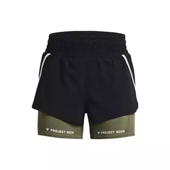 Under Armour Project Rock Johnson Flex Leg Day Letter Print Elastic Waist Fake Two-Piece Sports Casual Shorts Women shorts Black 1380188-001 S