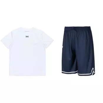 Under Armour Round Neck Logo Print Short Sleeve T-Shirt Striped Comfortable Breathable Shorts Casual Sports Suit Men suit 21500513-100+24500206-409 M
