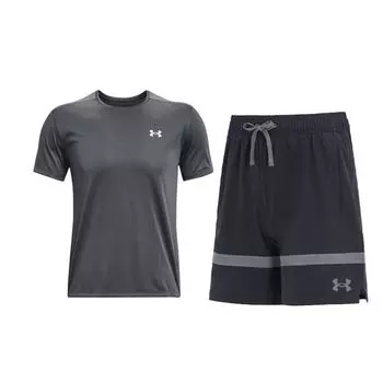 Under Armour Solid Color Comfortable Breathable Pullover Short Sleeve T-Shirt Mid Waist Tied Shorts Casual Sports Set Men sets 1369743-012+1377309-001 M