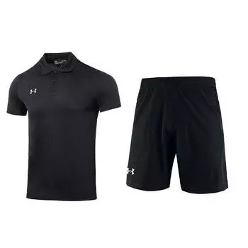 Under Armour Solid Color Comfortable Pullover Short Sleeve Polo Shirt Elastic Waist Shorts Casual Sports Set Men sets Black 23500507-001+22500214-001 2XL