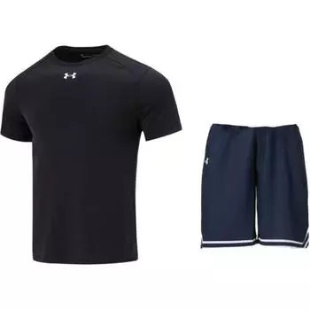 Under Armour Solid Color Crew Neck Short Sleeve T-Shirt And Striped Elastic Shorts Casual Sports Set Men sets 23500505-001+24500206-409 M